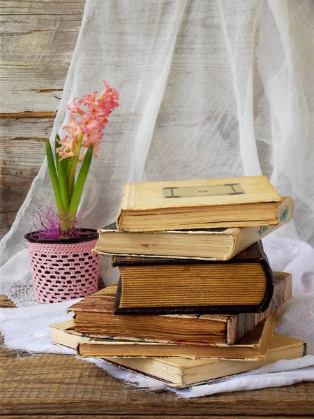 Stos starych książek w twardej oprawie i hiacynt na podłoże drewniane. Selektywny fokus. Miejsce — Zdjęcie stockowe