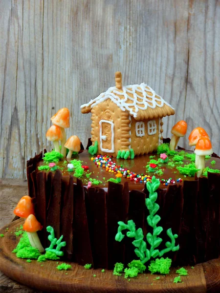 Gâteau Conte de fées avec maison de cookies sur fond sombre — Photo