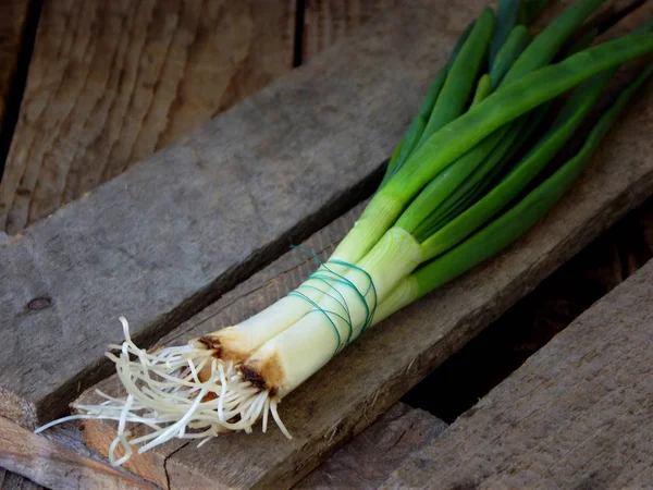 Bunch of green onions on a wooden background. — Stock Photo, Image