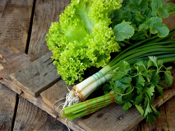 Весняно-зелений для салату на дерев'яному фоні. Цибуля, салат, петрушка, листя редьки . — стокове фото