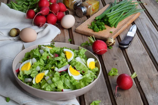 Vitamin sallad från sallat, rättika, salladslök och ägg, kryddat med vegetabilisk olja och senap i plattan på trä bakgrund. Hälsosam mat. — Stockfoto