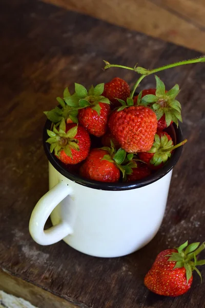 从花园杯木制背景中的有机新鲜草莓。复制空间为您的文字 — 图库照片
