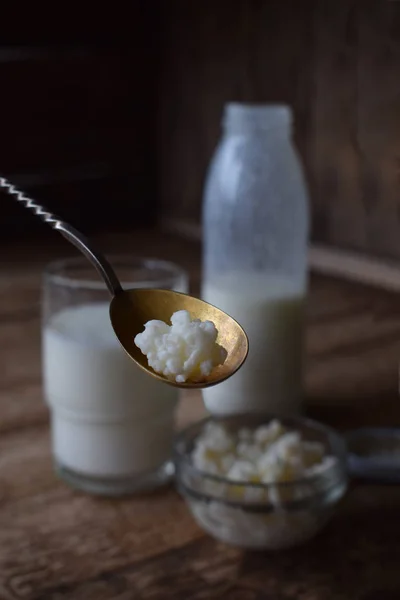 Кисло-молочный напиток или йогурт в бутылке, которые приходят из кефира зерна и молока на деревянном фоне. Фотография сделана с естественным освещением — стоковое фото