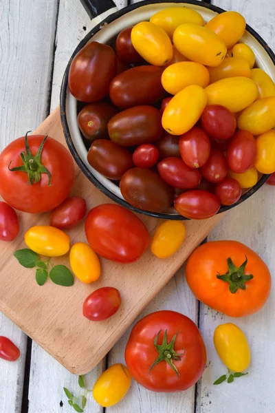 Tomaten in verschiedenen Sorten und Farben auf hellem Hintergrund. Gesunde Ernährung. Vorbereitung auf das Beizen — Stockfoto