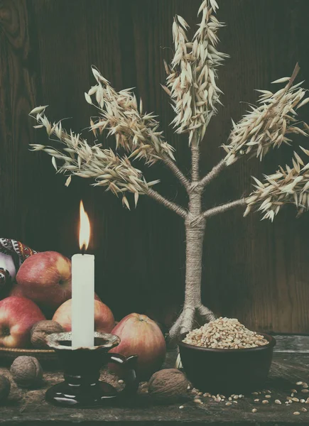 Concept ukrainien de Noël pour carte de vœux. Composition du symbole de Noël didukh, bougie brûlante, pommes, noix, blé sur fond en bois. Espace de copie. Concentration sélective — Photo