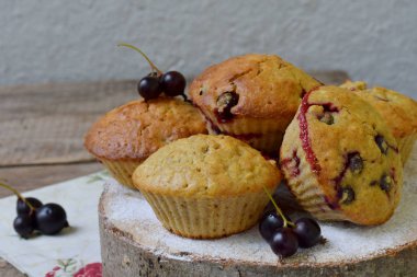 Yulaf kek ile kesme ahşap arka plan üzerinde Siyah frenk üzümü. Homemade pişirme. Sağlıklı gıda.