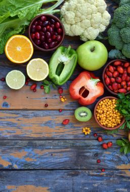 Composition of products containing ascorbic acid, vitamin C - citrus, cauliflower, broccoli, sweet pepper, kiwi, dog rose, tomatoes, apple, currant, sea buckthorn, dogwood. Top view. Flat lay. clipart