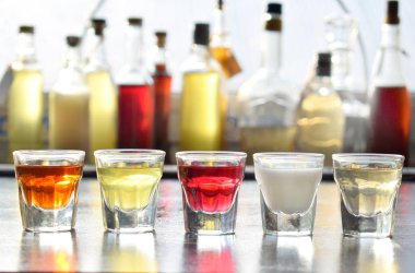 Çeşitli alkollü içkiler. Şarap, konyak, likör, tentür, konyak, gözlük, şişe viski kümesi. Alkol ve alkollü kokteyller ve içecek yapmak için çok çeşitli. Metin için yer kopyalayın