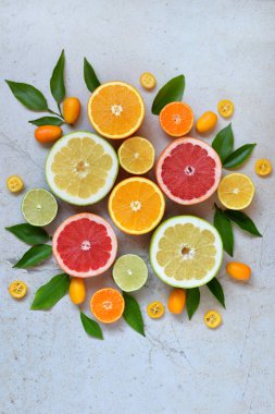 Narenciye ışık arka plan üzerinde kümesi: portakal, mandalina, limon, greyfurt, limon, Kamkat, mandalina. Taze organik sulu meyve. Vitamin C. sağlıklı gıda kavramı kaynağıdır. Kopya alanı