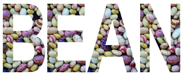 Bean słowo określonymi z kolorowej fasoli wielokolorowych. Koncepcja zdrowej żywności. Wegetariańskie produktu. Surowych produktów ekologicznych. — Zdjęcie stockowe
