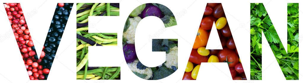 Word vegan laid out to from colourful multi-colored fruits and vegetables. Healthy food concept. Vegetarian product. Organic Raw Produce.
