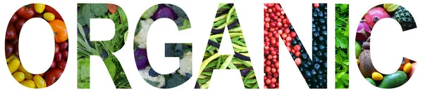 Slovo ekologický rozloženy barevné pestrobarevným ovoce a zeleniny. Pojem zdravé potraviny. Vegetariánské produkt. Organické suroviny. — Stock fotografie