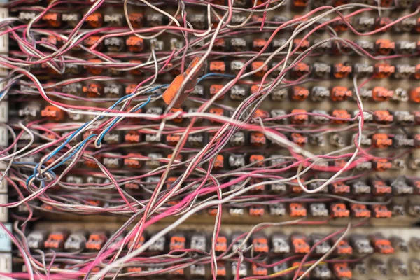 Switchboard panel with messy cables connections,The PABX. — Stock Photo, Image