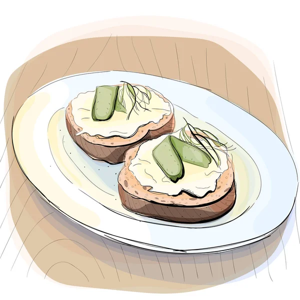 Ilustração a cores de pão com manteiga em um prato — Vetor de Stock