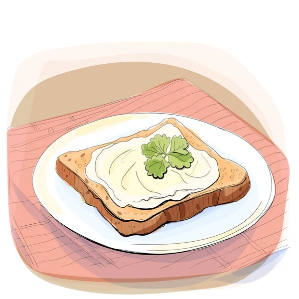 Färg illustration av bröd med smör på en tallrik — Stock vektor