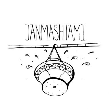 Mutlu Krishna Janmashtami kavramı. Poster, afiş, kartı vektör el çekilmiş siyah beyaz çizim. Kroki tarzı.