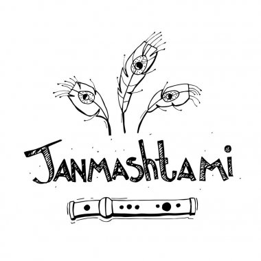 Mutlu Krishna Janmashtami kavramı. Poster, afiş, kartı vektör el çekilmiş siyah beyaz çizim. Kroki tarzı.