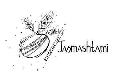 Mutlu Krishna Janmashtami kavramı. Poster, afiş, kartı vektör el çekilmiş siyah beyaz çizim. Kroki tarzı.