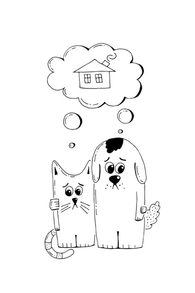 Cachorro abandonado e gatinho, adote, crueldade animal, ilustração desenhada à mão. Filhote de cachorro e gatinho sem-teto triste à procura de uma casa, esboço vetorial —  Vetores de Stock