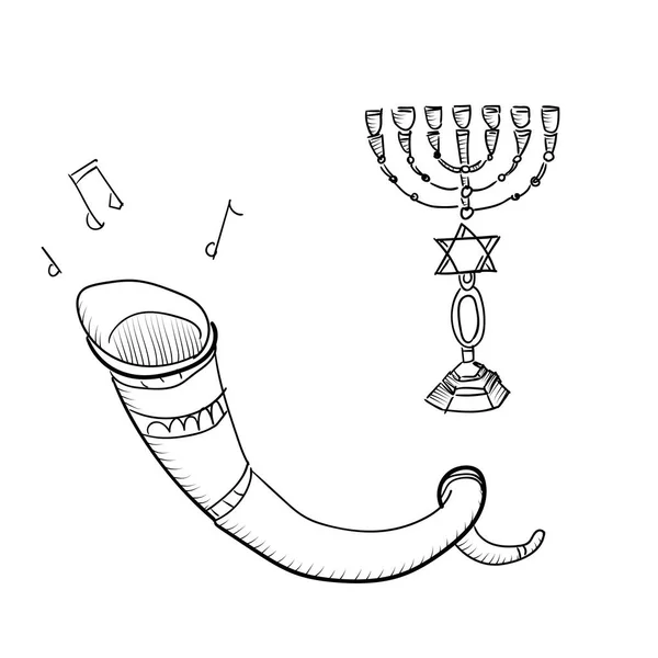 Jogo de vetor de esboços atribui celebração de Rosh Hashanah, a comida tradicional, velas, toro, shofar — Vetor de Stock