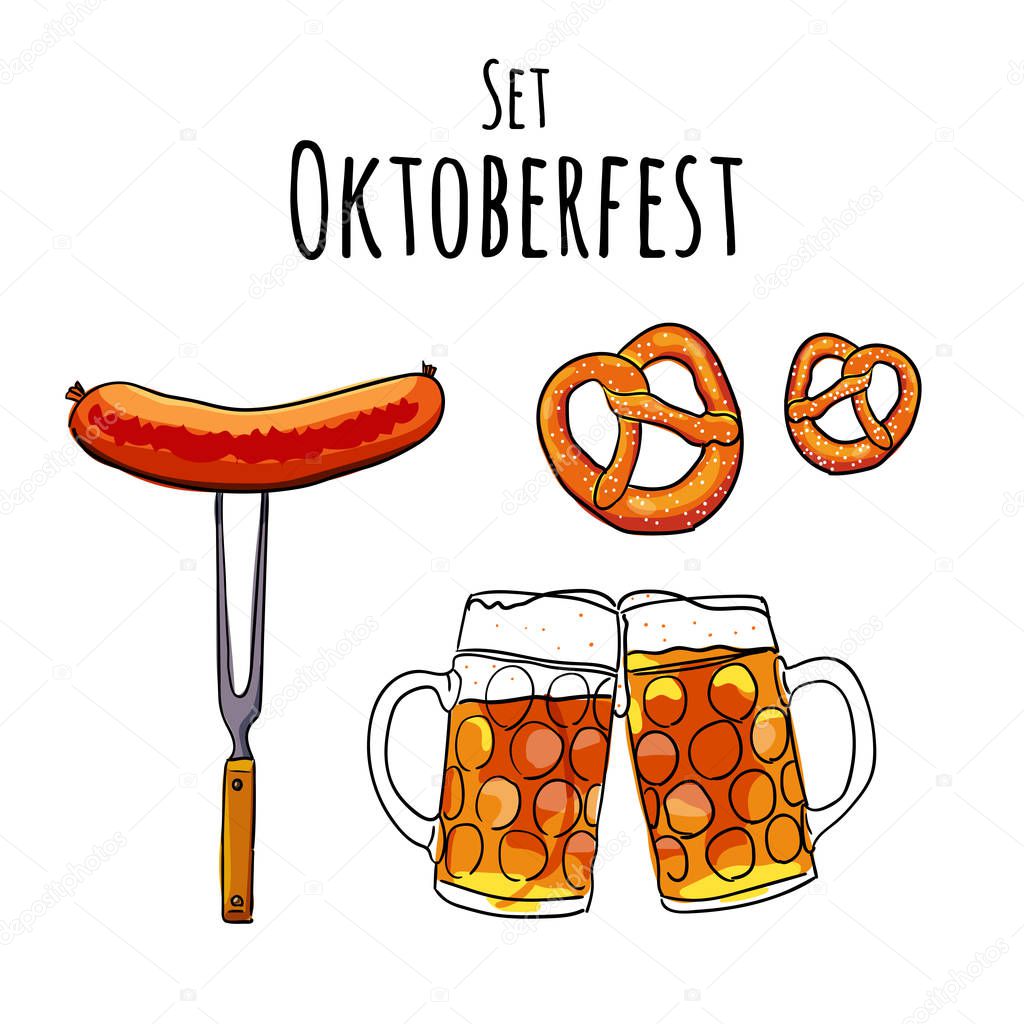 Oktoberfest set. Hand drawn Vector illustration of oktoberfest attributes. Pub menu.