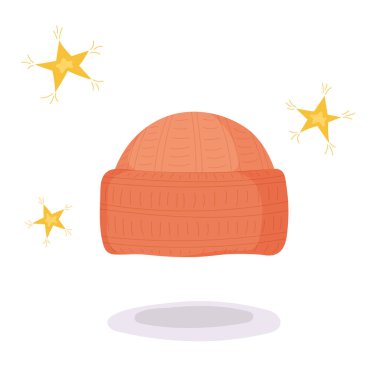 Çizgi film tarzında vektör illüstrasyonu. Küçük yıldızlı bej renkli kış şapkası. Moda illüstrasyonu, tebrik kartı.