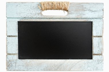 Kara tahta blackboard özel metninizi kopya alanı olarak rustik ahşap mavi sandık