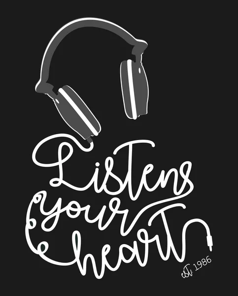 Design Vector Typography Listen Your Heart Headphone Shirt Print — Stock Vector