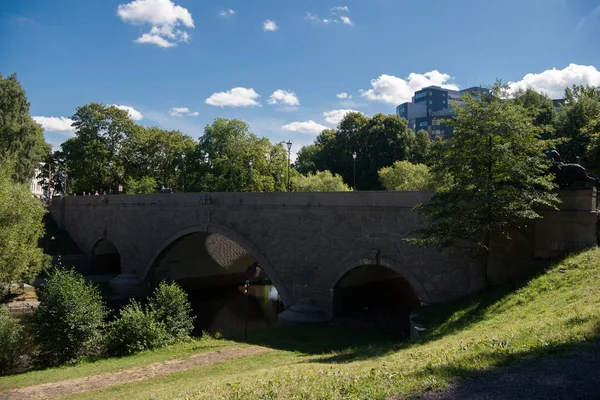Frumos Pod Vechi Peste Râu Plante Verzi Clădiri Moderne Spatele — Fotografie de stoc gratuită