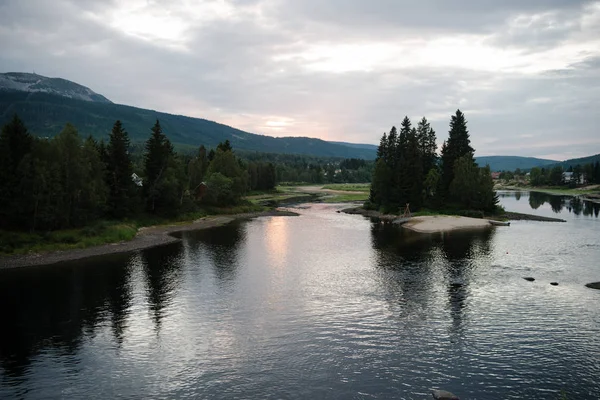 Árboles Río Hoja Perenne Orillas Del Sol Trysil Estación Esquí — Foto de stock gratis