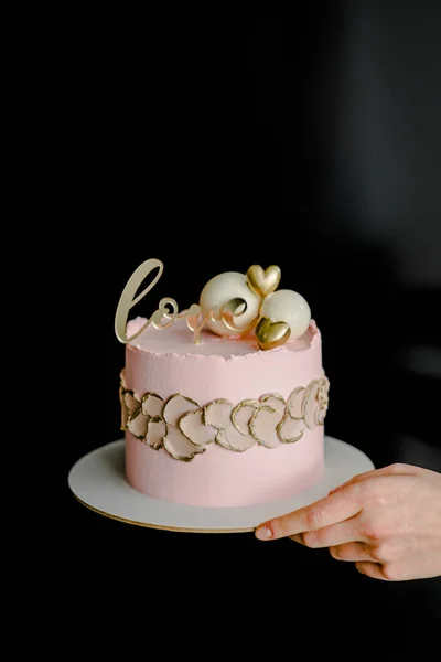 Nackte Geburtstagstorte Valentinstag Rustikale Schicht Hausgemachten Kuchen Mit Sahne Dessert — Stockfoto