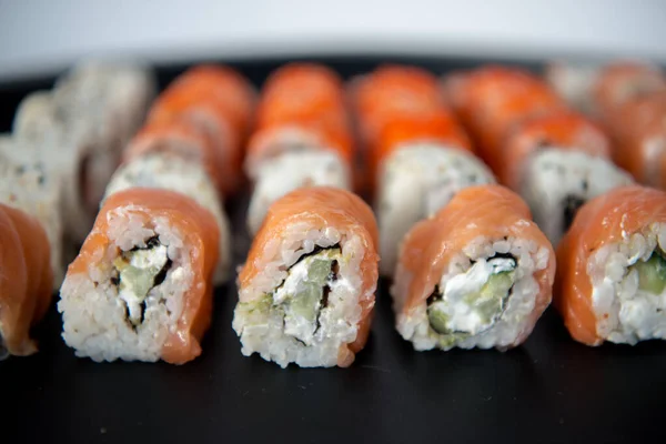 Japanese Food Sushi Philadelphia Roll Fresh Salmon Cucumber Avocado Cream — Stock Photo, Image