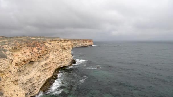 Geweldig Uitzicht Zee Rotsachtige Klif Bergen Golven Wind Vogels Vliegen — Stockvideo