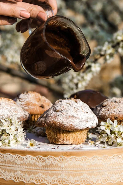 Lekkere Chocoladecupcakes Zelfgemaakte Muffin Cupcake Met Chocolade Topping Pasen Zoete — Stockfoto