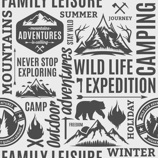 Tipografik vektör dağ ve açık maceralarını desen