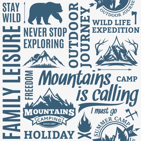 Typographic vector mountain and outdoor adventures pattern — Stock Vector