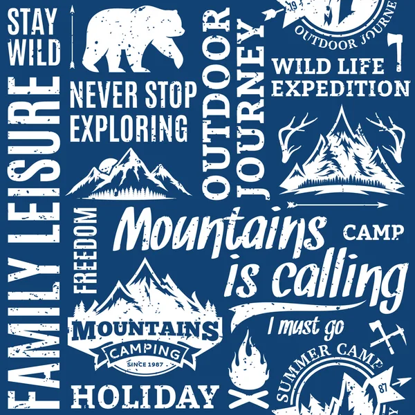 Retro styled typographic vector mountain and outdoor adventures pattern — Stock Vector