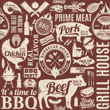 Tipografik vektör Barbekü Dikişsiz desen veya bac Retro tarz