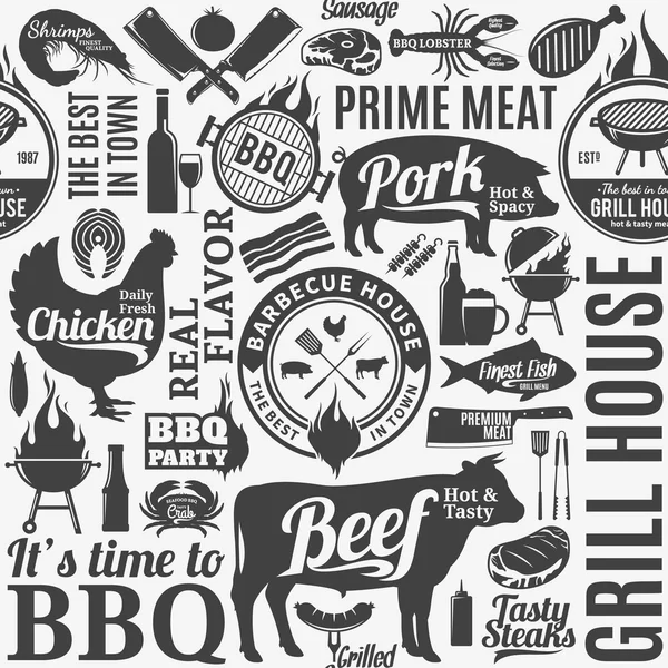 Barbecue vecteur typographique motif sans couture ou arrière-plan — Image vectorielle