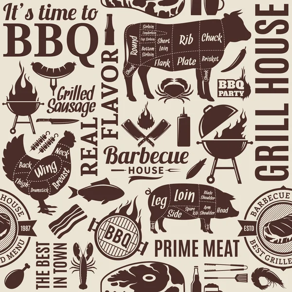 Typografische vector barbecue naadloze patroon of achtergrond — Stockvector