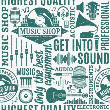 Retro tarzı tipografik vektör müzik dükkanı seamless modeli