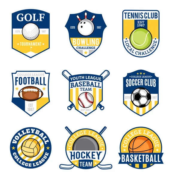 Set logo squadra sportiva per nove discipline sportive — Vettoriale Stock