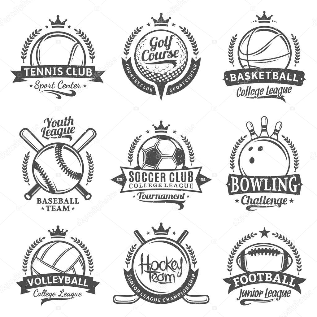 Set of vector retro styled sport emblems and labels. Sport icons for tournaments, organizations, apparel and team identity