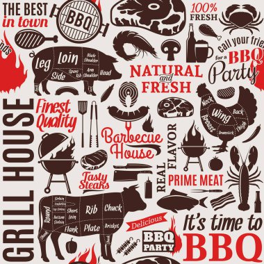 Tipografik vektör Barbekü Dikişsiz desen veya arka plan
