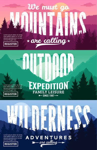 Mountains Adventures Horizontal Banner Set — Stock Vector