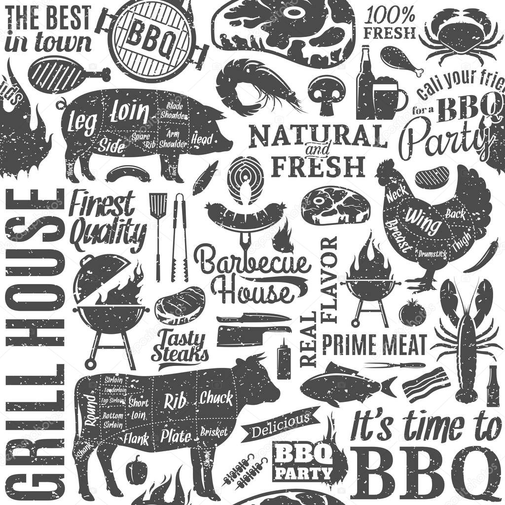 Retro styled typographic vector barbecue seamless pattern or bac