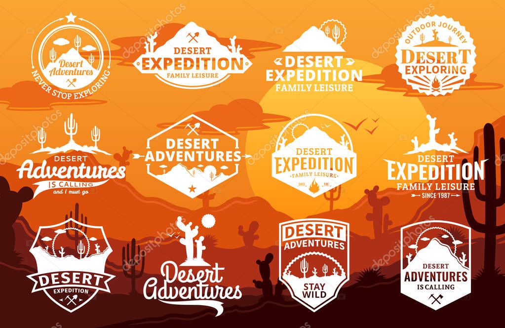 Set of vector desert and outdoor adventures logo on desert landscape background. Desert wild nature icons for tourism organizations, outdoor events and camping leisure