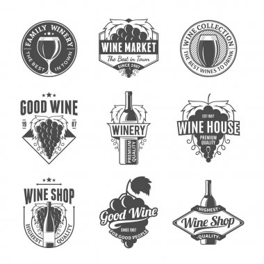 Şarap vektör logosu, simgeler ve tasarım öğeleri