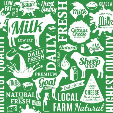 Tipografik vektör süt ürün Dikişsiz desen veya arka plan