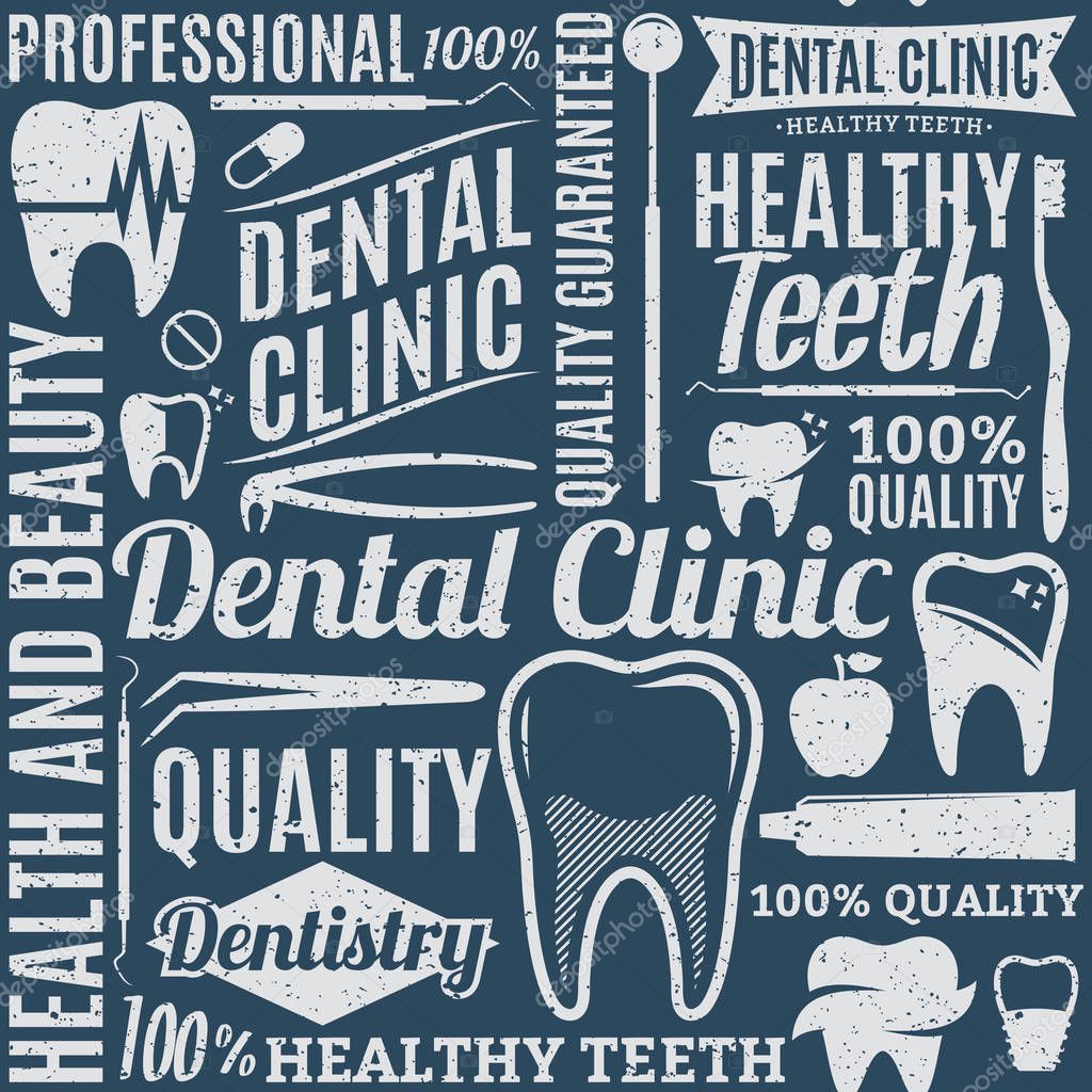 Retro styled typographic vector dental clinic seamless pattern or background. Tooth and medical instrument icons  for stomatology, dentist and dental care clinic